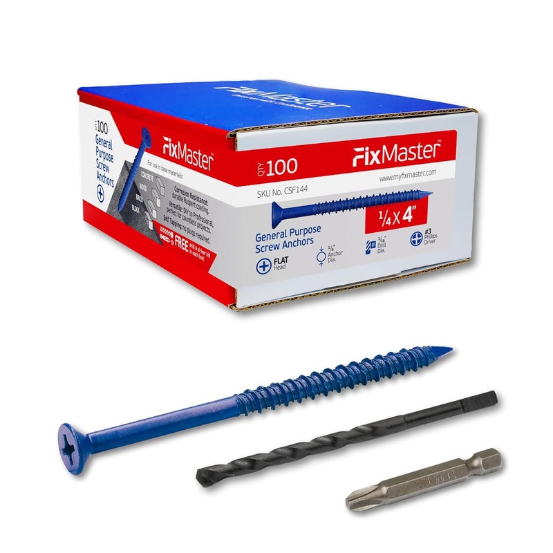 FixMaster 1/4 x 4 Countersunk Phillips Flat Head Blue Concrete Screw Anchors (100 pcs Screw Kit) with one Screwdriver and Drill Bit for Concrete, Masonry, Block, Brick and Wood Fastening - Image 1